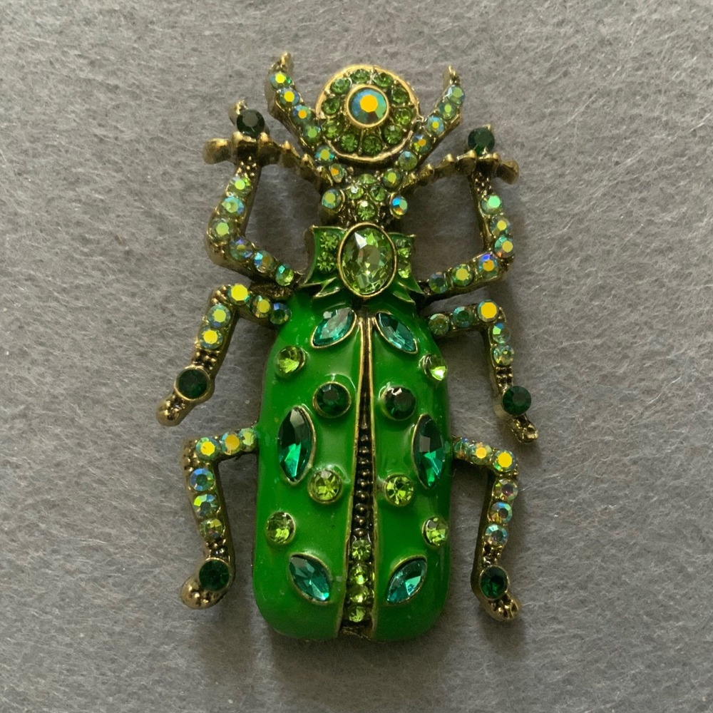 Vintage Style Green Enamel Rhinestone Scarab Beetle Brooch Pin Gold Tone 2.5"